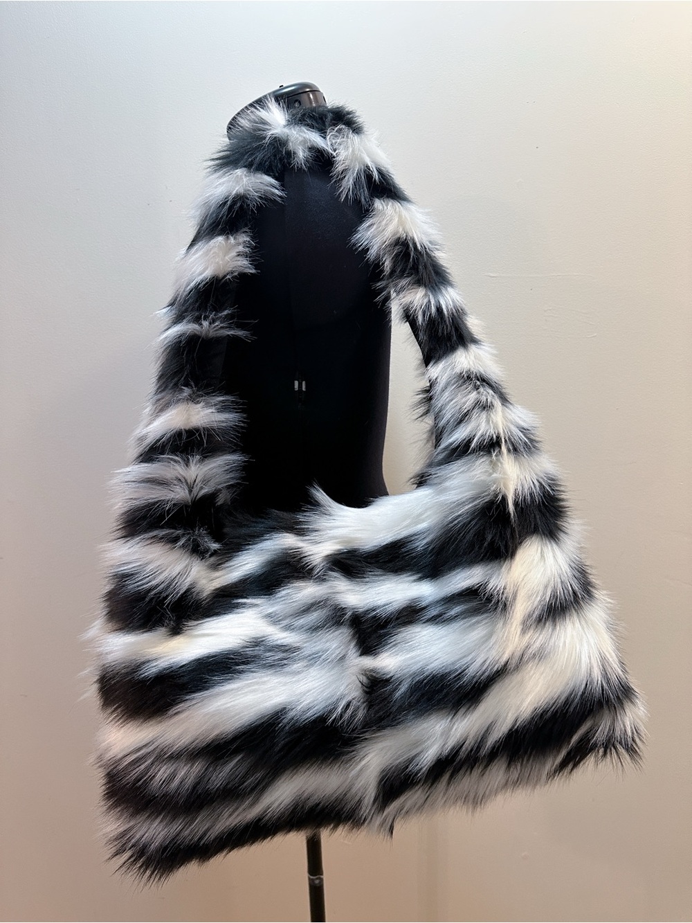 Handmade Black and White Skunk Fuzzy Funky Fun Faux Fur Large Hobo Tote Bag